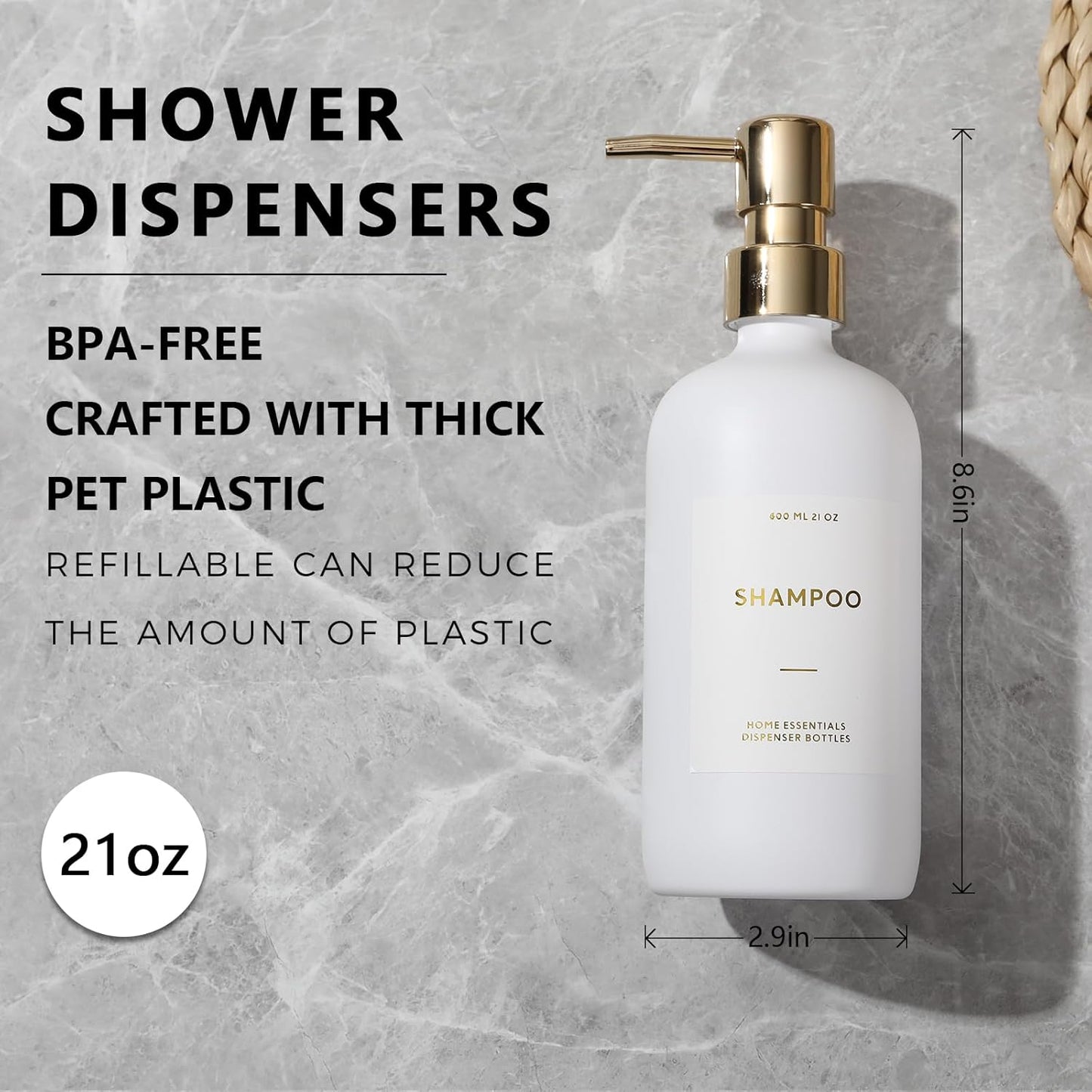 Dluxe Ave. Refillable Shampoo Pump Bottles/ 21oz  (White&Gold）