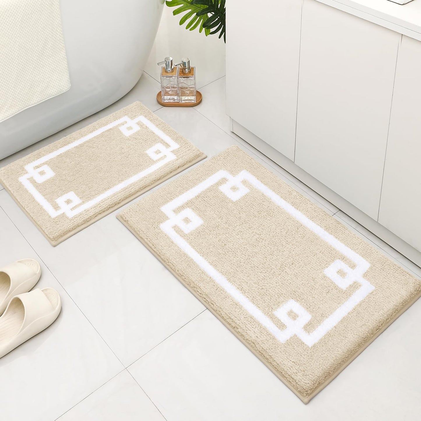 Dluxe Ave. Bathroom Rug Sets/ Soft and Water Absorbent Microfiber/ Non-Slip (Beige and White)