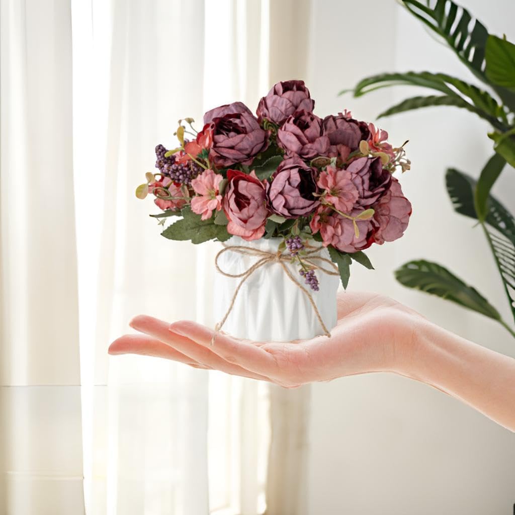 Dluxe Ave. Artificial Silk Flowers in Ceramic Vase, Small Flower Arrangement for Home  (RedPeony)