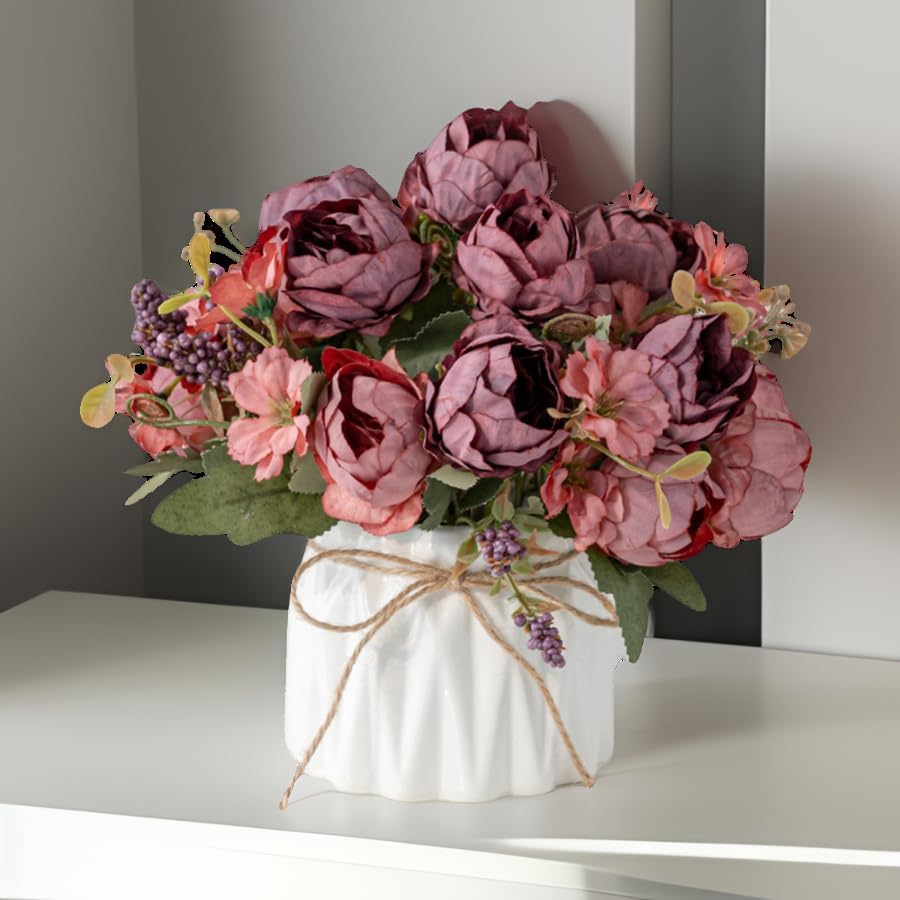 Dluxe Ave. Artificial Silk Flowers in Ceramic Vase, Small Flower Arrangement for Home  (RedPeony)