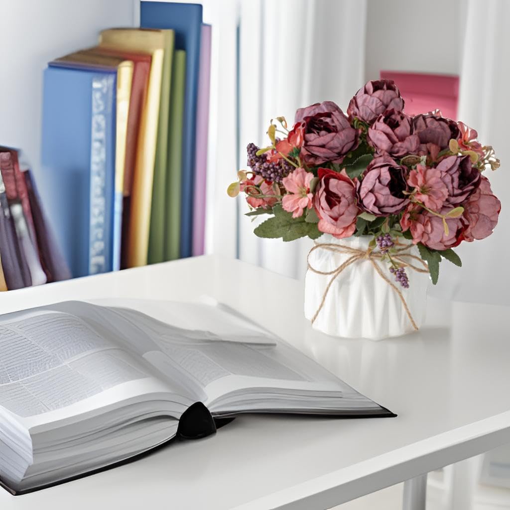 Dluxe Ave. Artificial Silk Flowers in Ceramic Vase, Small Flower Arrangement for Home  (RedPeony)