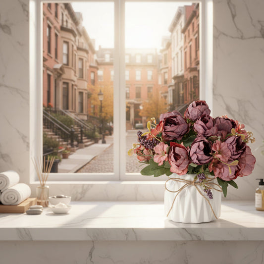 Dluxe Ave. Artificial Silk Flowers in Ceramic Vase/ Small Flower Arrangement (RedPeony)