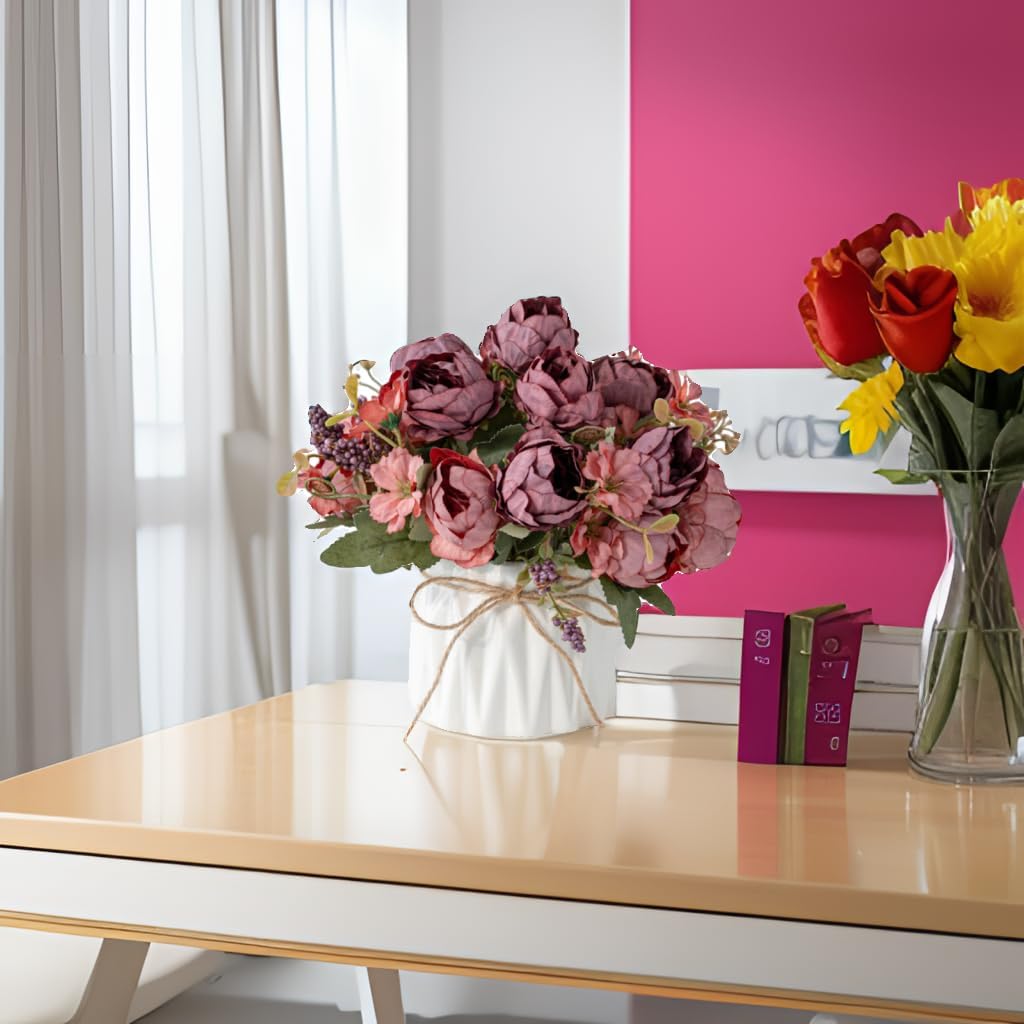 Dluxe Ave. Artificial Silk Flowers in Ceramic Vase, Small Flower Arrangement for Home  (RedPeony)