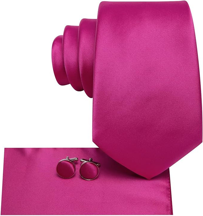 Dluxe Ave.Men 63inches Tie Set Extra Long Necktie Paisley Tie Pocket Square Cufflinks Big and Tall Men TieHot Pink