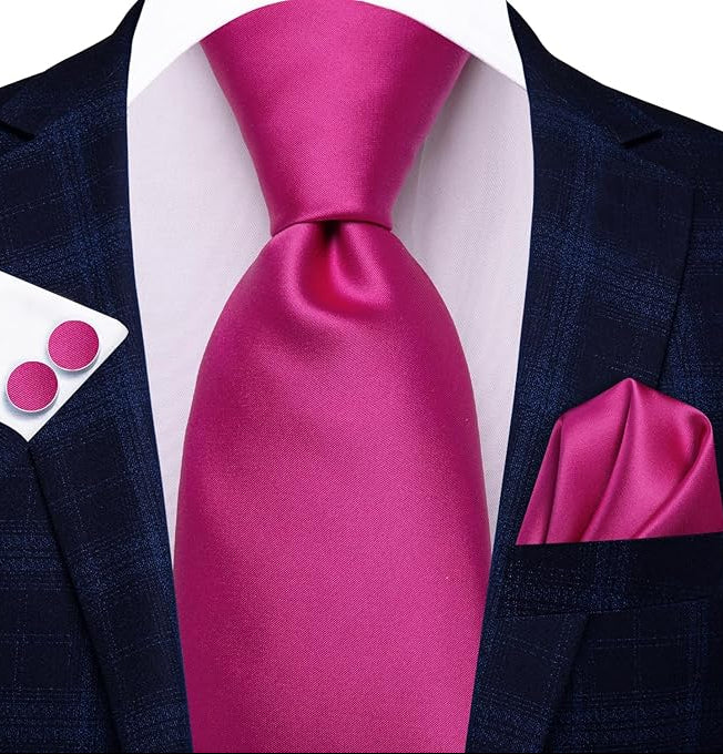 Dluxe Ave.Men 63inches Tie Set Extra Long Necktie Paisley Tie Pocket Square Cufflinks Big and Tall Men TieHot Pink