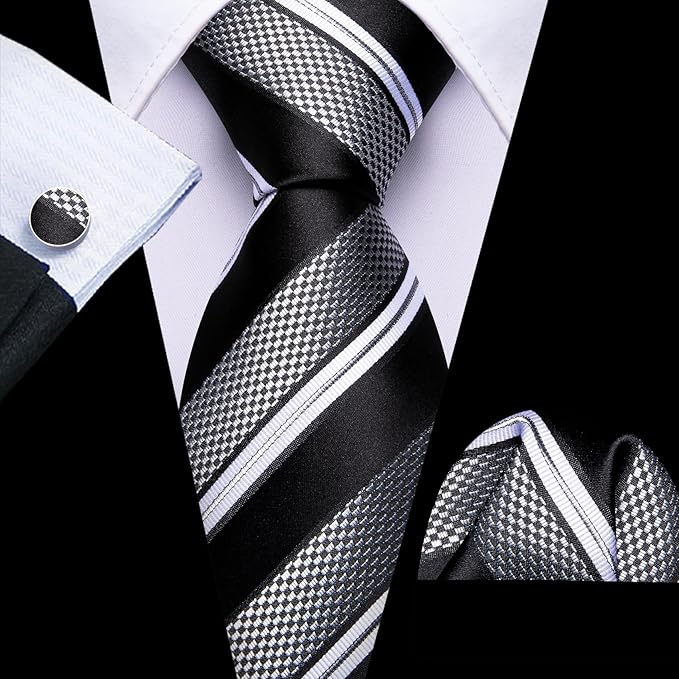 Dluxe Ave. Mens Woven Silk Tie Handkerchief Cufflinks Lapel Pin Set/ 4PC