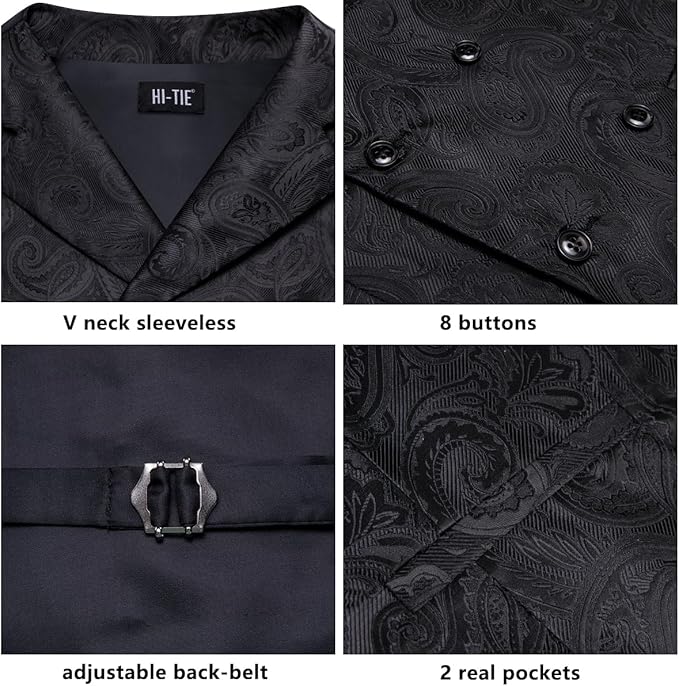 Dluxe Ave. (LARGE) Mens Double-Breasted Suit Vest Tie set/  Waistcoat and necktie Handkerchief Cufflinks/ Black