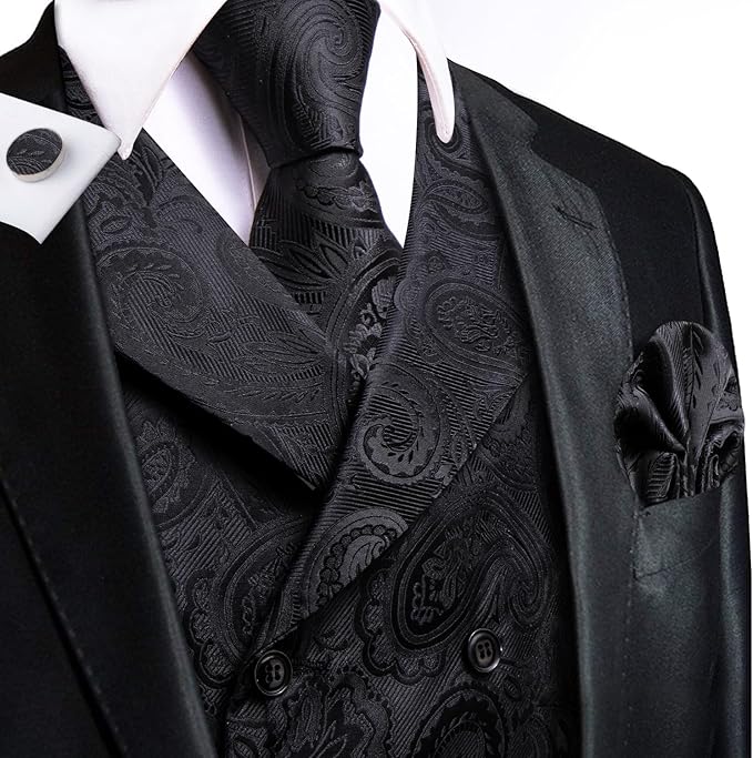Dluxe Ave. (LARGE) Mens Double-Breasted Suit Vest Tie set/  Waistcoat and necktie Handkerchief Cufflinks/ Black