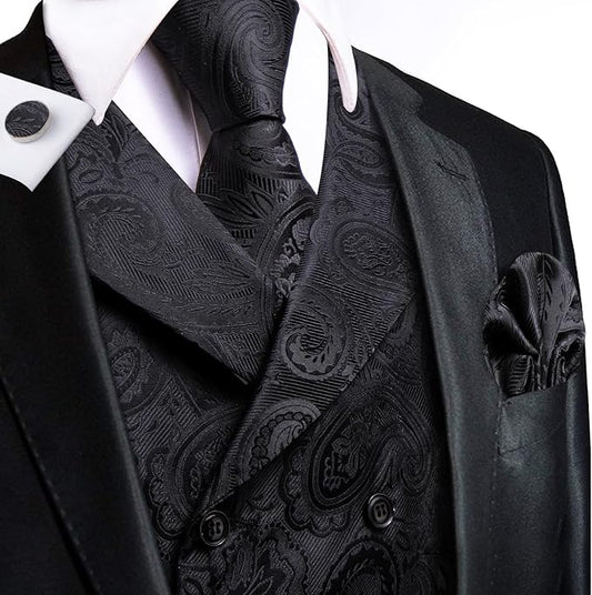 Dluxe Ave. (LARGE) Mens Double-Breasted Suit Vest Tie set/  Waistcoat and necktie Handkerchief Cufflinks/ Black
