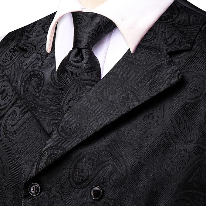 Dluxe Ave. (LARGE) Mens Double-Breasted Suit Vest Tie set/  Waistcoat and necktie Handkerchief Cufflinks/ Black