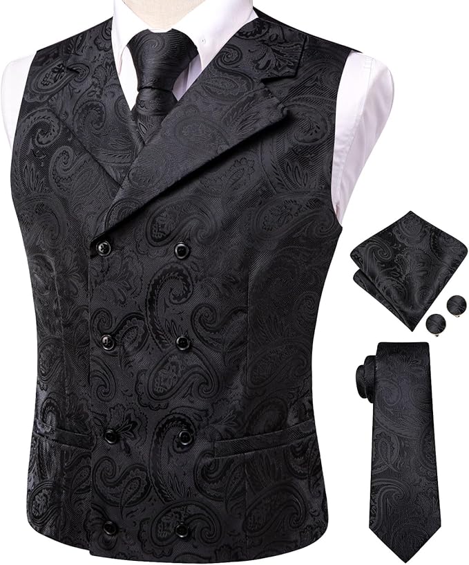 Dluxe Ave. (LARGE) Mens Double-Breasted Suit Vest Tie set/  Waistcoat and necktie Handkerchief Cufflinks/ Black