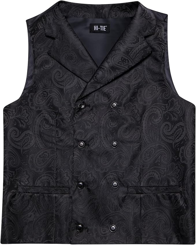 Dluxe Ave. (LARGE) Mens Double-Breasted Suit Vest Tie set/  Waistcoat and necktie Handkerchief Cufflinks/ Black