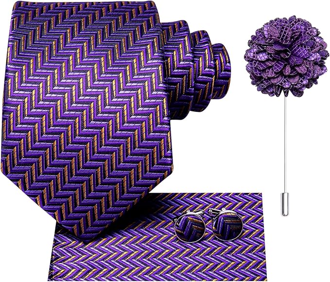 Dluxe Ave. Mens Silk Ties Lapel Pin Handkerchief Cufflinks Set Purple Stripe