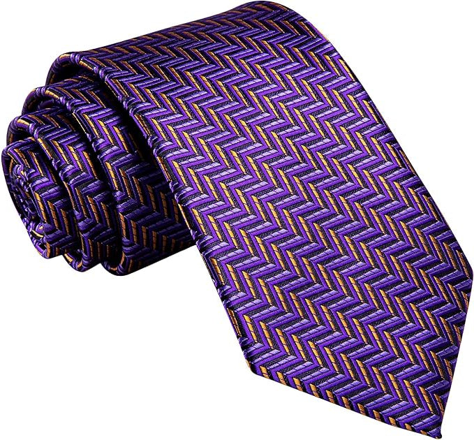 Dluxe Ave. Mens Silk Ties Lapel Pin Handkerchief Cufflinks Set Purple Stripe