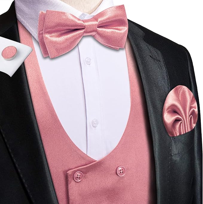 Dluxe Ave. (LARGE) Mens Solid Double-Breasted Suit Vest Tie Bowtie/ 5PC Set U-Neck/ Coral