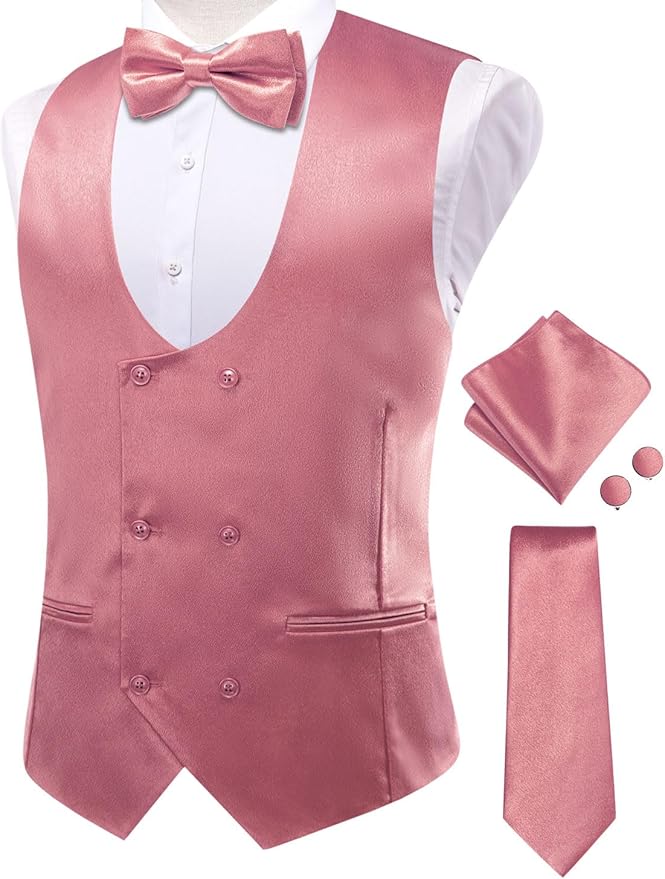 Dluxe Ave. (LARGE) Mens Solid Double-Breasted Suit Vest Tie Bowtie/ 5PC Set U-Neck/ Coral