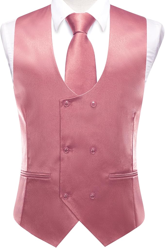 Dluxe Ave. (LARGE) Mens Solid Double-Breasted Suit Vest Tie Bowtie/ 5PC Set U-Neck/ Coral