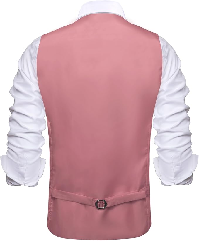Dluxe Ave. (LARGE) Mens Solid Double-Breasted Suit Vest Tie Bowtie/ 5PC Set U-Neck/ Coral