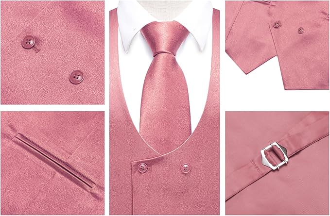 Dluxe Ave. (LARGE) Mens Solid Double-Breasted Suit Vest Tie Bowtie/ 5PC Set U-Neck/ Coral
