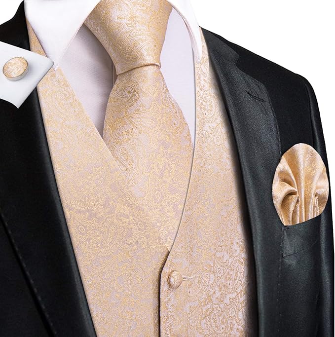 Dluxe Ave. (LARGE) Mens Suit Vest Tie set/ Waistcoat and Necktie Handkerchief Cufflinks Suit/ Champange