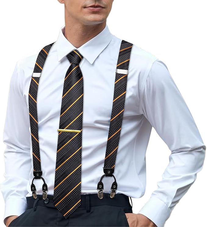 Dluxe Ave. Mens Suspenders and Tie Set Adjustable Y Braces and Pocket Square Set Strong 6 Clips Black and Gold