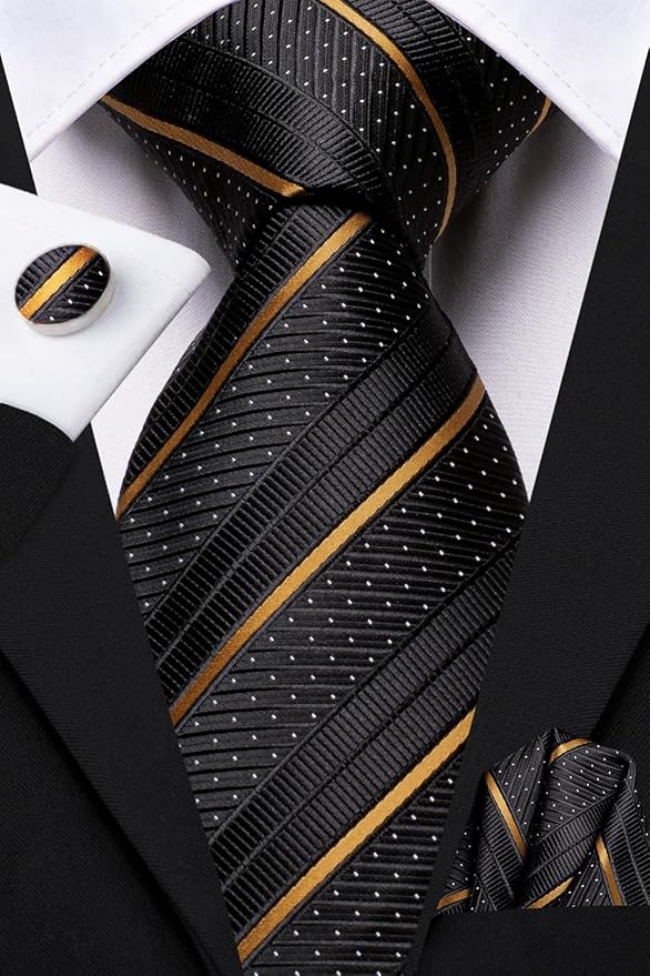 Dluxe Ave. Mens Suspenders and Tie Set Adjustable Y Braces and Pocket Square Set Strong 6 Clips Black and Gold