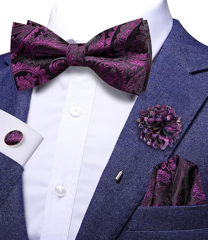 Dluxe Ave. Pre-Tied Bowties for Men Silk Bow Ties and Pocket Square Cufflinks Set Purple Black Paisley