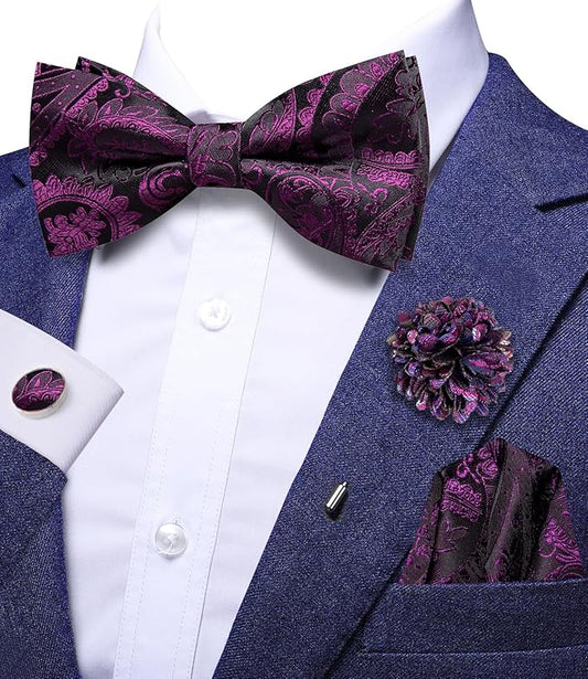 Dluxe Ave. Pre-Tied Bowties for Men Silk Bow Ties and Pocket Square Cufflinks Set Purple Black Paisley