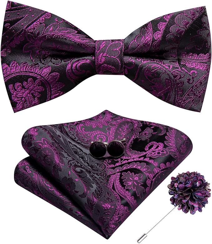 Dluxe Ave. Pre-Tied Bowties for Men Silk Bow Ties and Pocket Square Cufflinks Set Purple Black Paisley