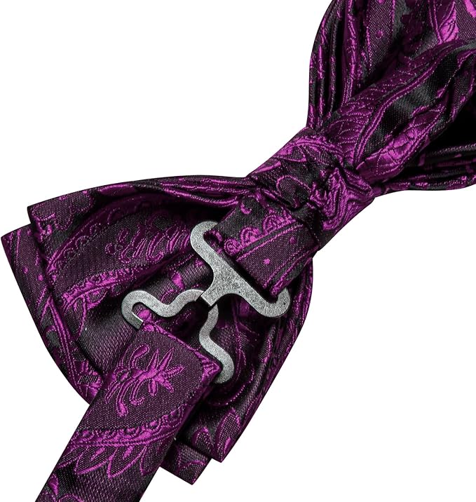 Dluxe Ave. Pre-Tied Bowties for Men Silk Bow Ties and Pocket Square Cufflinks Set Purple Black Paisley