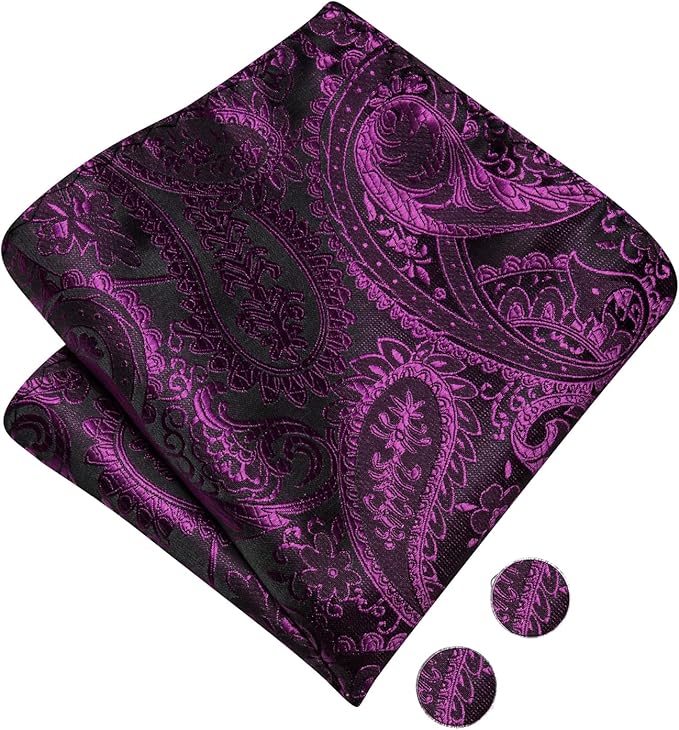 Dluxe Ave. Pre-Tied Bowties for Men Silk Bow Ties and Pocket Square Cufflinks Set Purple Black Paisley
