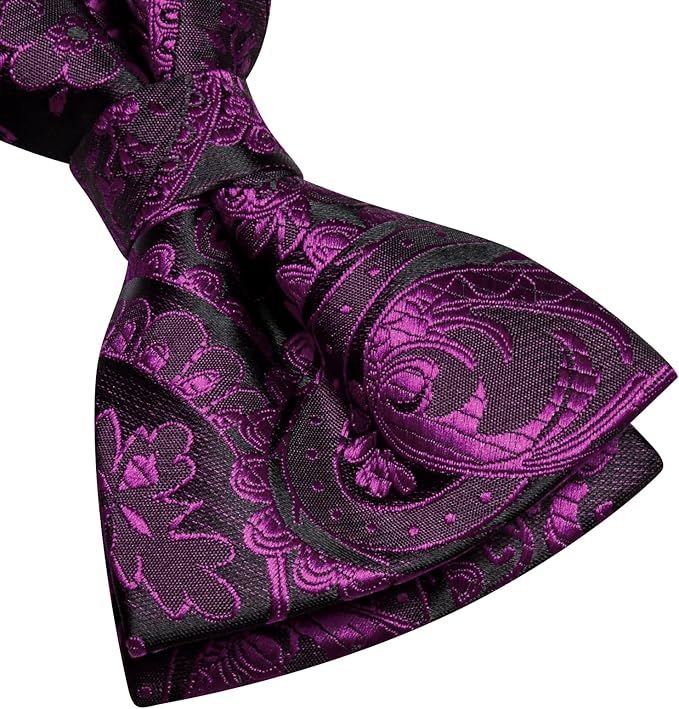 Dluxe Ave. Pre-Tied Bowties for Men Silk Bow Ties and Pocket Square Cufflinks Set Purple Black Paisley