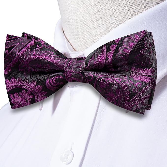 Dluxe Ave. Pre-Tied Bowties for Men Silk Bow Ties and Pocket Square Cufflinks Set Purple Black Paisley