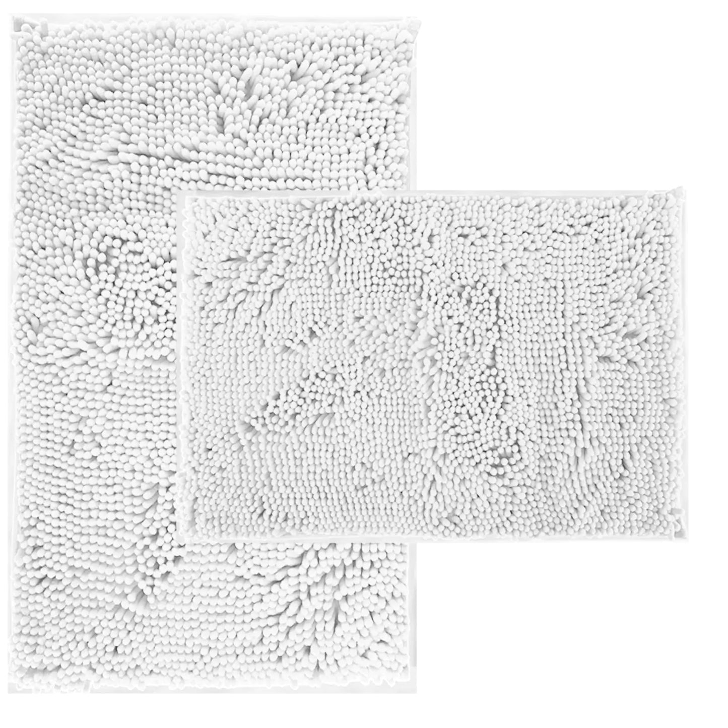 Dluxe Ave. White Bathroom Rugs and Mats Set 2 Piece Chenille Bath Mat Set Machine Wash Dry Non Slip Absorbent Shaggy Bath Rug for Bath Room Shower and Tub (20" x 32"+16" x 24") Bathroom Rug Set Accessories