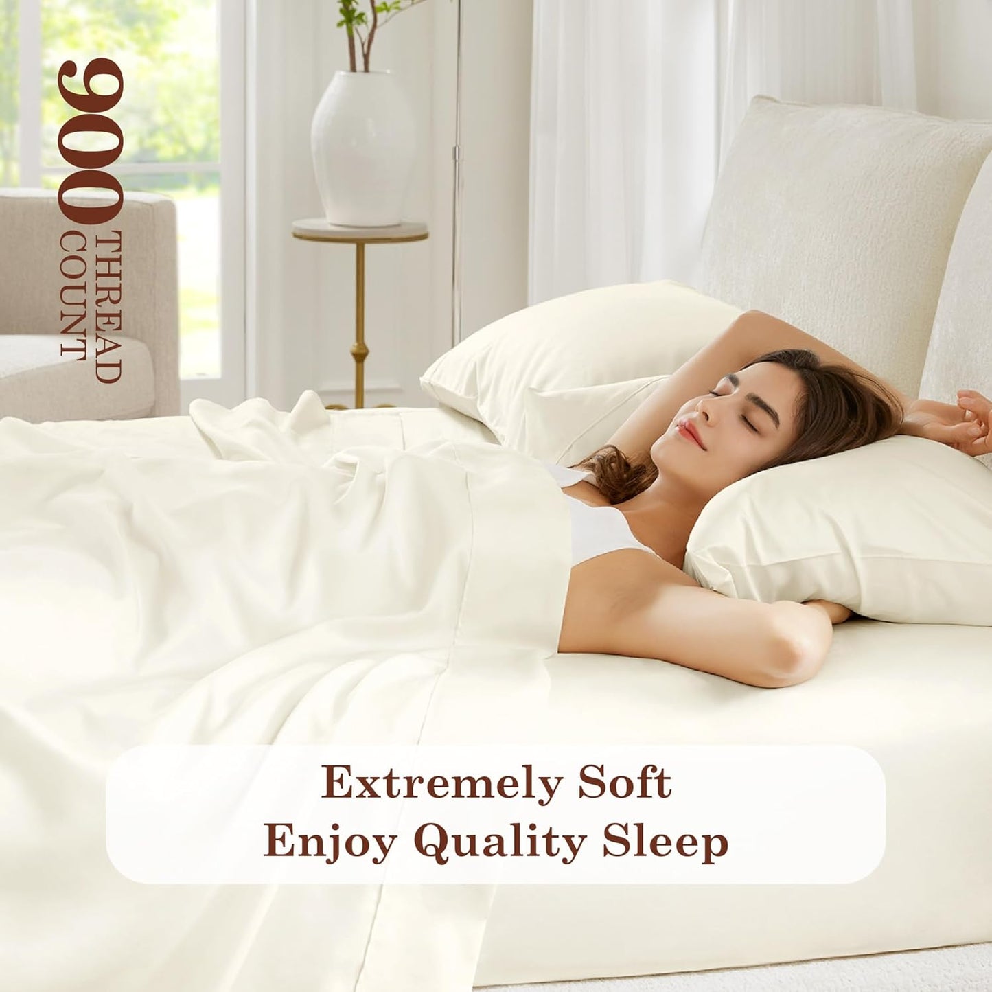 Dluxe Ave. ( QUEEN ) 4 Pcs 900 Thread Count Cotton Rich Sheet Set, Soft Durable Alpha Cotton, Deep Pocket 16 Inches, Ivory