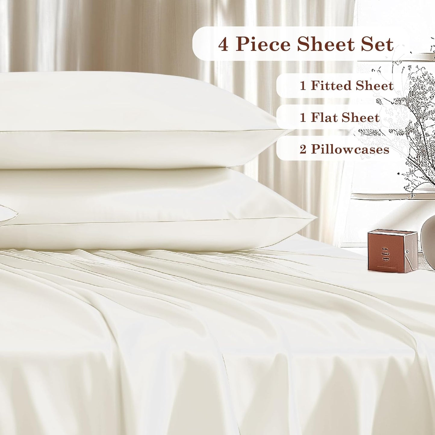 Dluxe Ave. ( QUEEN ) 4 Pcs 900 Thread Count Cotton Rich Sheet Set, Soft Durable Alpha Cotton, Deep Pocket 16 Inches, Ivory