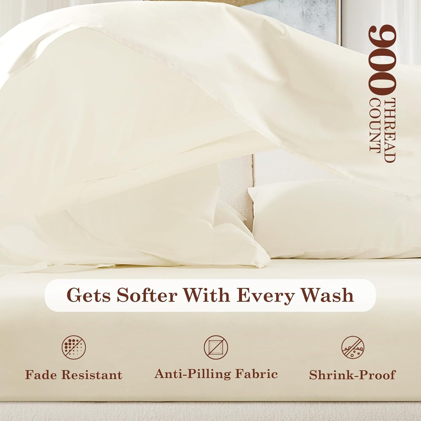 Dluxe Ave. ( QUEEN ) 4 Pcs 900 Thread Count Cotton Rich Sheet Set, Soft Durable Alpha Cotton, Deep Pocket 16 Inches, Ivory