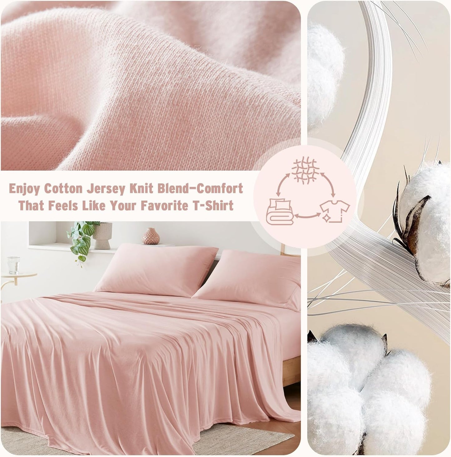 Dluxe Ave. ( FULL) 4 Pcs Sheet Set Cotton Jersey Knit, All Season Cotton, Deep Pocket Fits Up to 16",  Blush