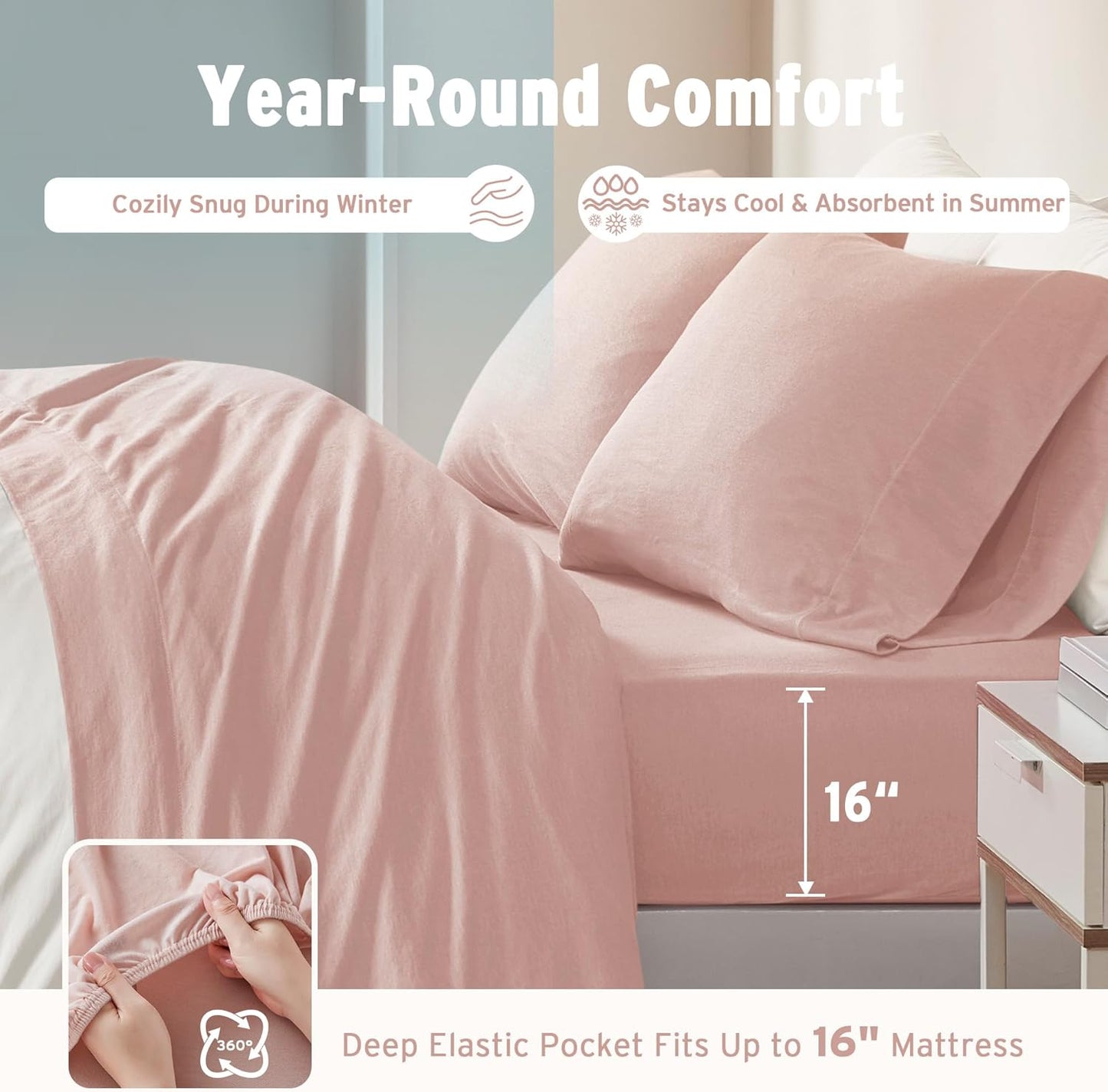 Dluxe Ave. ( FULL) 4 Pcs Sheet Set Cotton Jersey Knit, All Season Cotton, Deep Pocket Fits Up to 16",  Blush