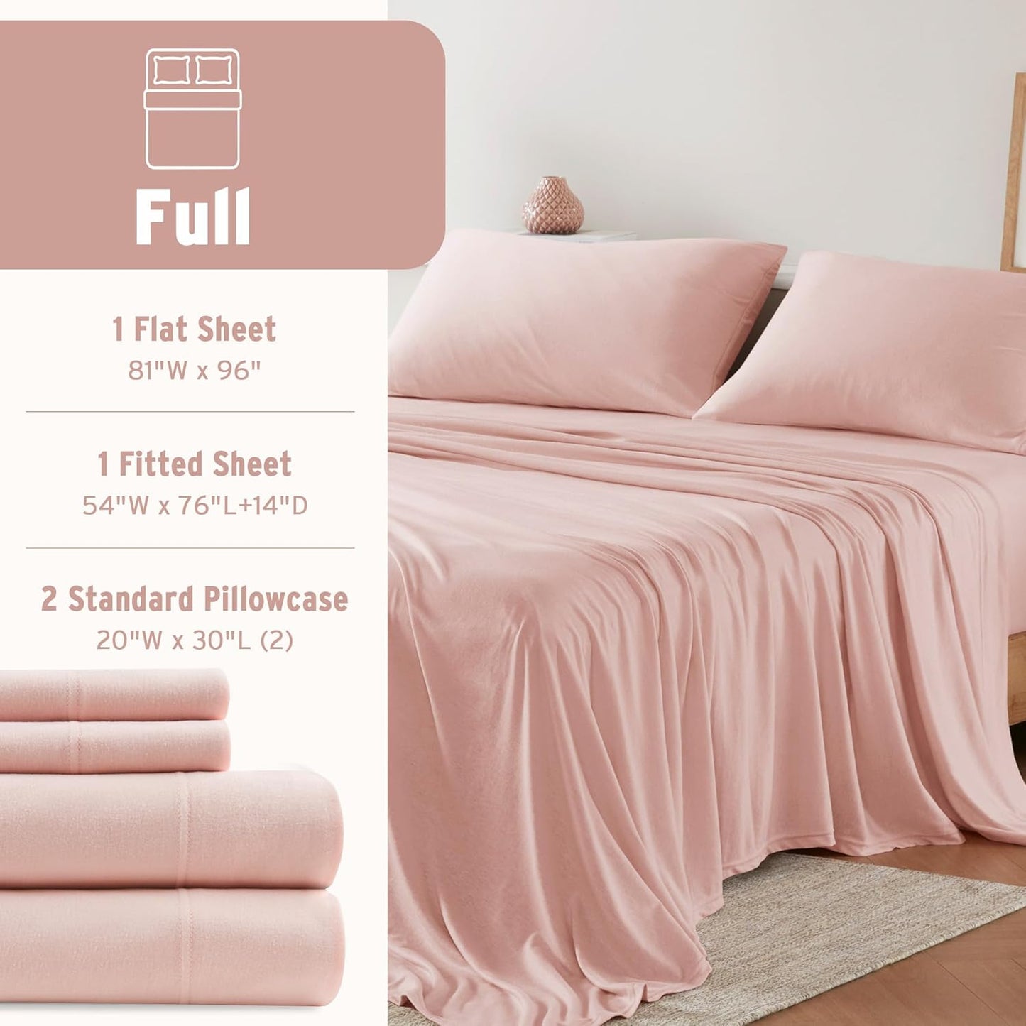 Dluxe Ave. ( FULL) 4 Pcs Sheet Set Cotton Jersey Knit, All Season Cotton, Deep Pocket Fits Up to 16",  Blush
