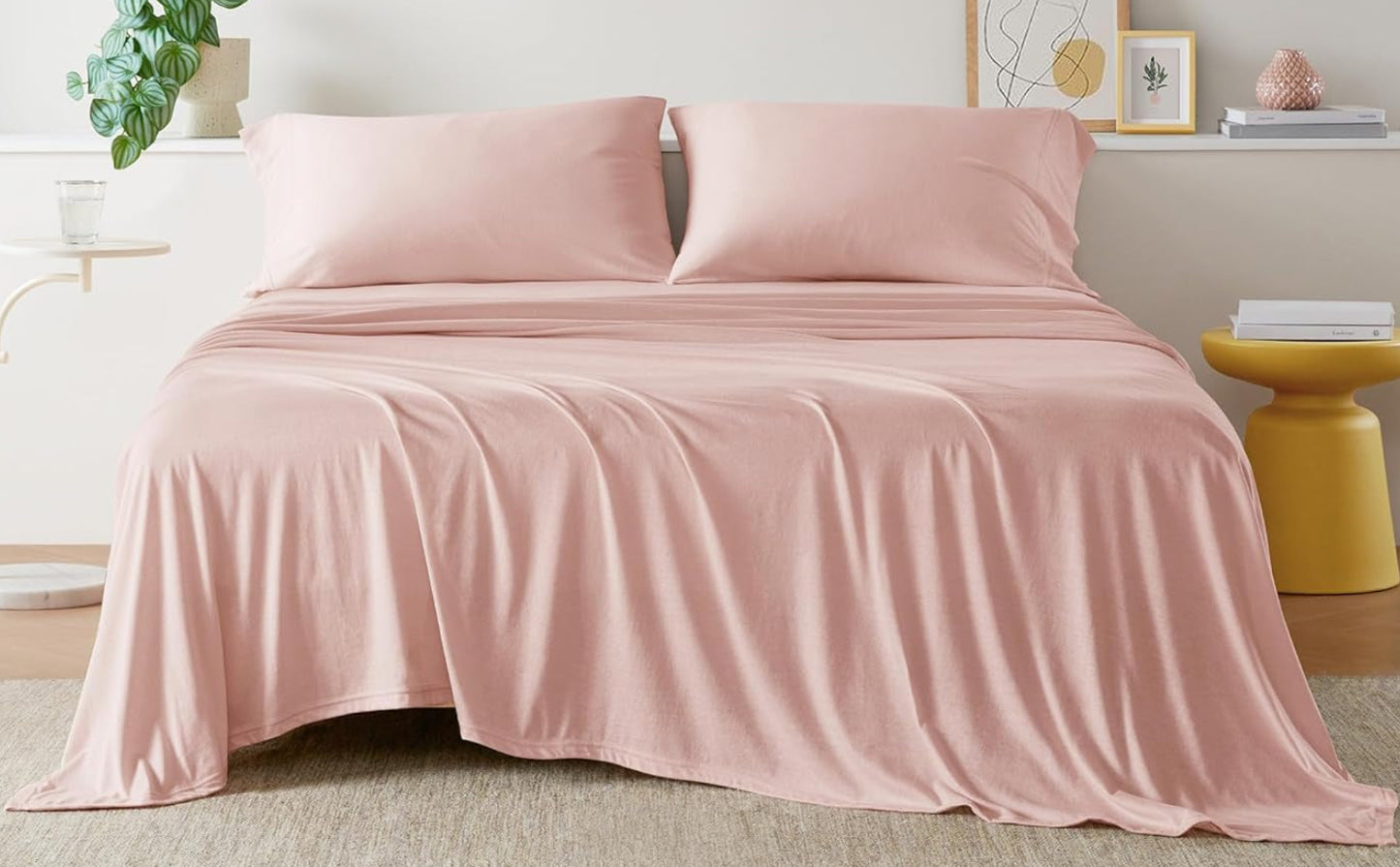 Dluxe Ave. ( FULL) 4 Pcs Sheet Set Cotton Jersey Knit, All Season Cotton, Deep Pocket Fits Up to 16",  Blush
