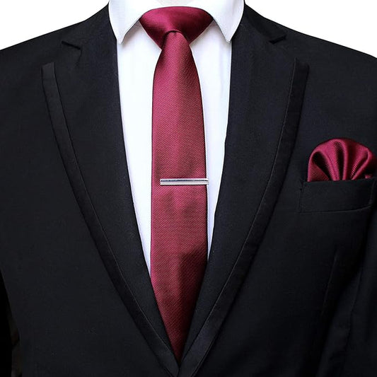 Dluxe Ave. 2.4" Crimson Skinny Tie and Pocket Square with Tie Clip Sets