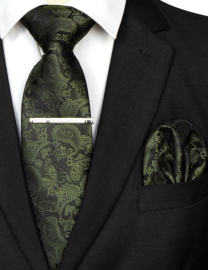 Dluxe Ave. Mens Olive Green Paisley Necktie and Pocket Square with Tie Clip Sets