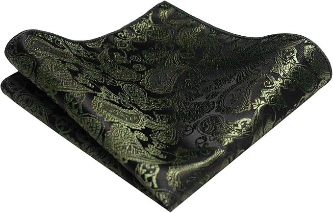 Dluxe Ave. Mens Olive Green Paisley Necktie and Pocket Square with Tie Clip Sets