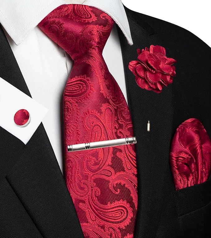 Dluxe Ave. Mens Red Paisley Tie Necktie and Pocket Square with Lapel PinCufflinksTie Clip Sets 5PCS