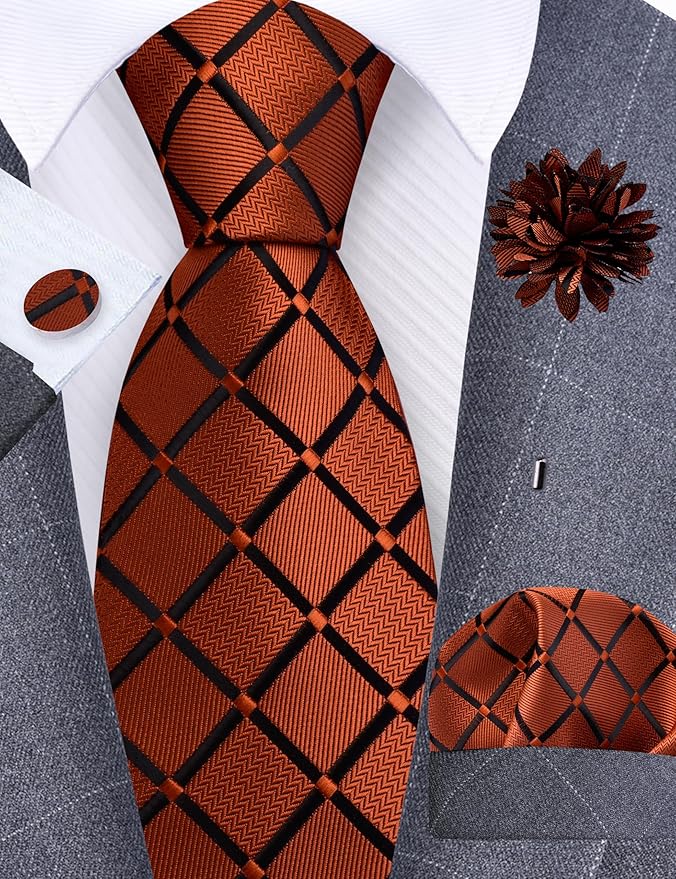 Dluxe Ave. Rust Mens Plaid Tie and Pocket Square with Tie Clip Sets
