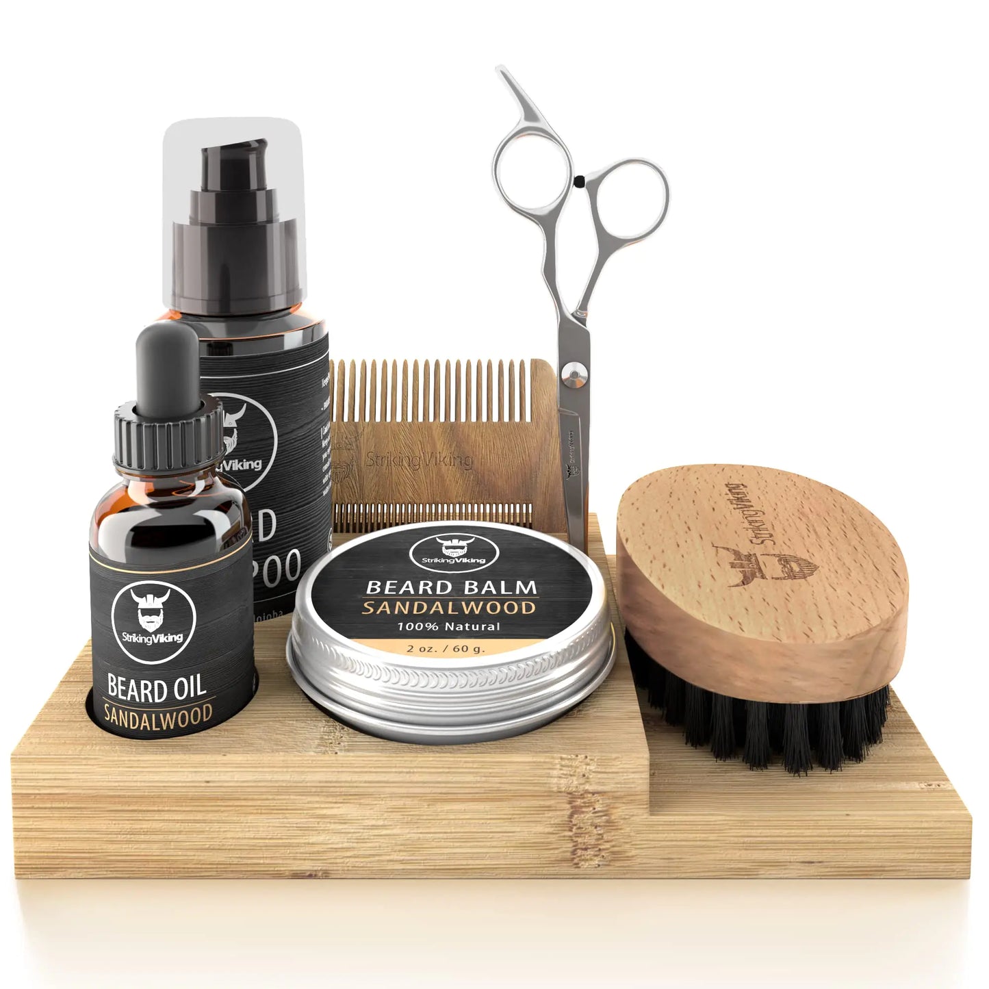 Dluxe Ave. Striking Viking Beard Grooming Kit for Men with Shampoo Oil Balm Brush Wooden Comb Mustache Scissors - 7-Piece Sandalwood Caddy for Beard Growth