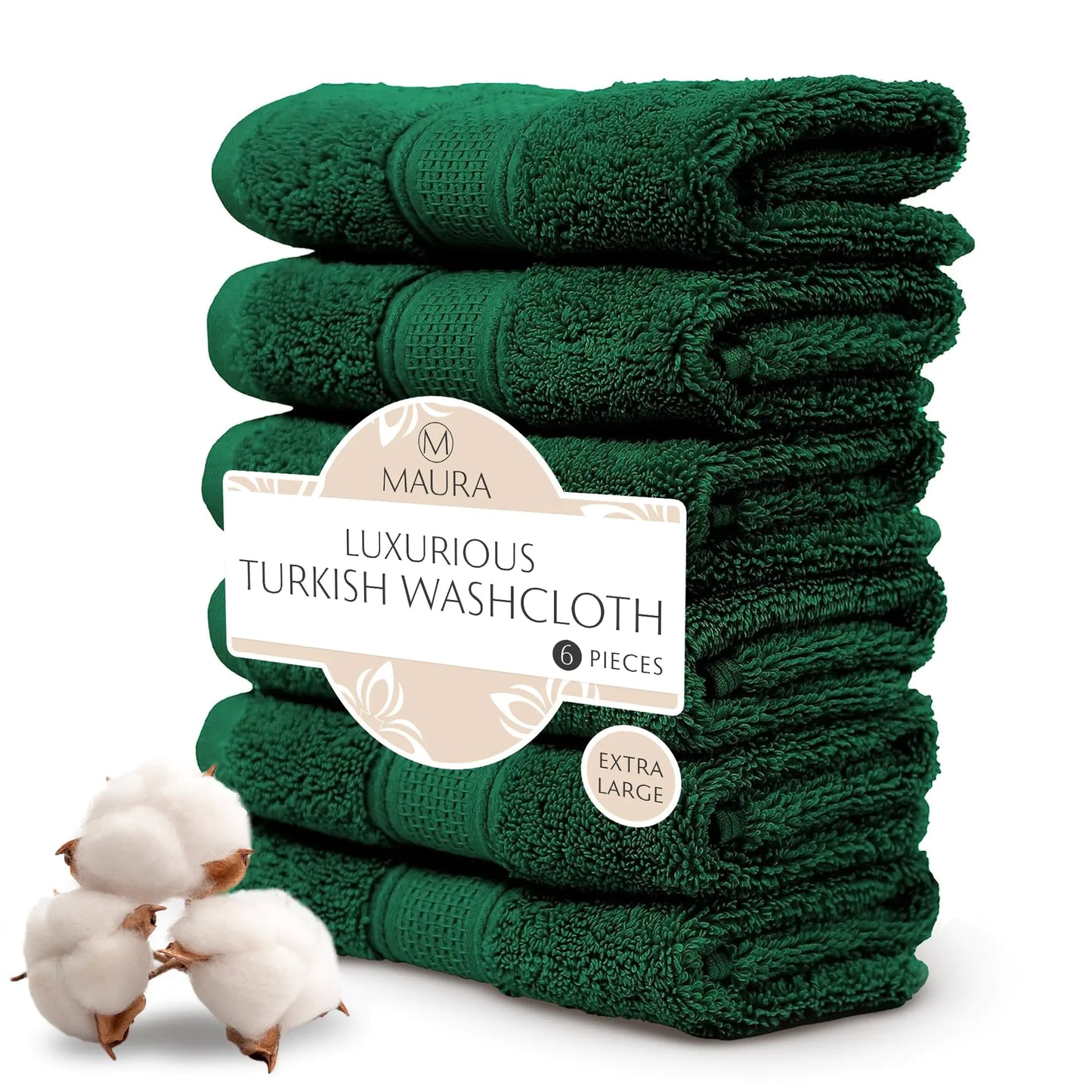 Dluxe Ave. Premium Turkish Washcloth Set/ Ultimate Luxury, Soft Thick Super Absorbent/ 6-Pack (Dark Green)