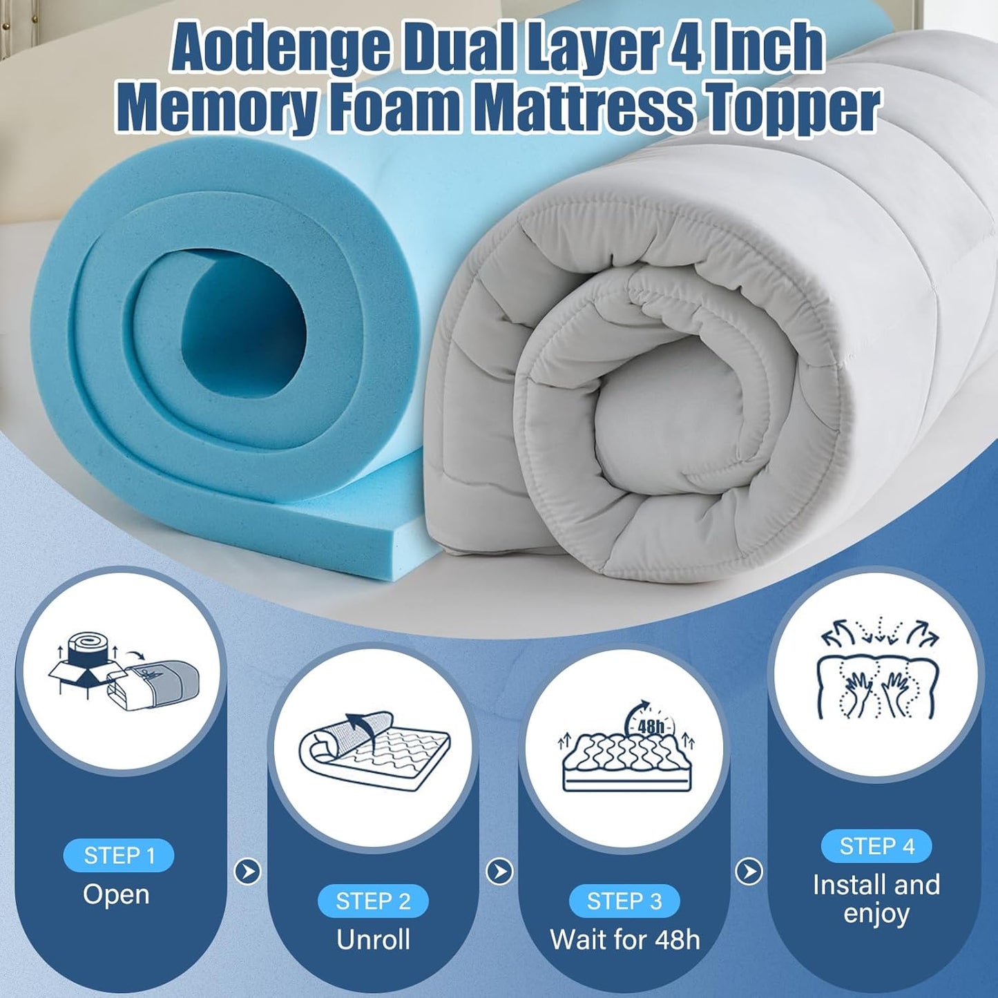 Dluxe Ave. ( QUEEN) 4 Inch Dual Layer Mattress Topper, 2 Inch Gel Foam, Plus 2 Inch Down Alternative Pillow Top