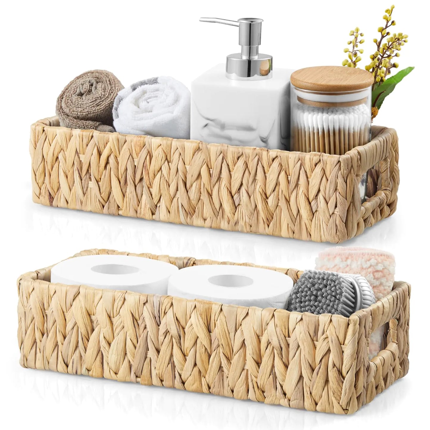 Dluxe Ave. Dreamkey Nesting Wicker Storage Baskets for Organizing with Handles - Small Hand Woven Water Hyacinth Toilet Paper Basket Organizer 2 Pack